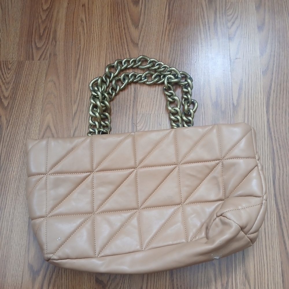 Zara Shoulder Bag Womens Medium Tan‎ Quilted Puffy Chunky Gold Chain Handle